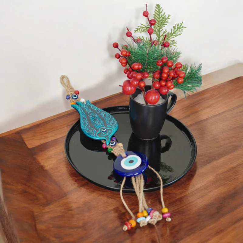 Hasır Örgülü Lale Desenli Nazar Boncuklu Seramik Duvar Süsü 40 cm Hasır Örgülü Lale Desenli Nazar Boncuklu Seramik Duvar Süsü 40 cm