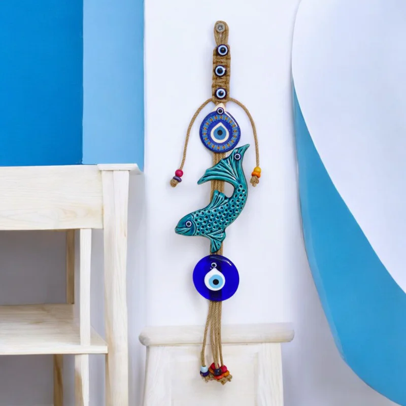 Balık Model Seramik Nazar Boncuklu Duvar Süsü 50 cm